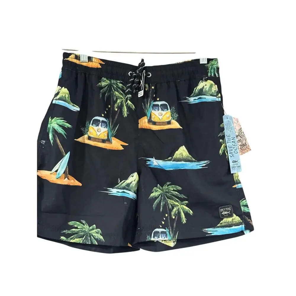 Spicy Tuna Mesh Lined Drawstring Swim Trunks Men Small black Retro VW Multi NWT